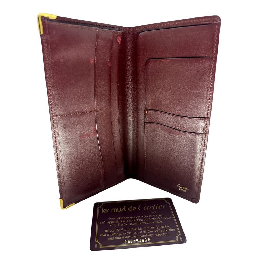 Cartier Burgundy Must de Cartier Bifold Long Wallet Vintage, Auth Card, No Box